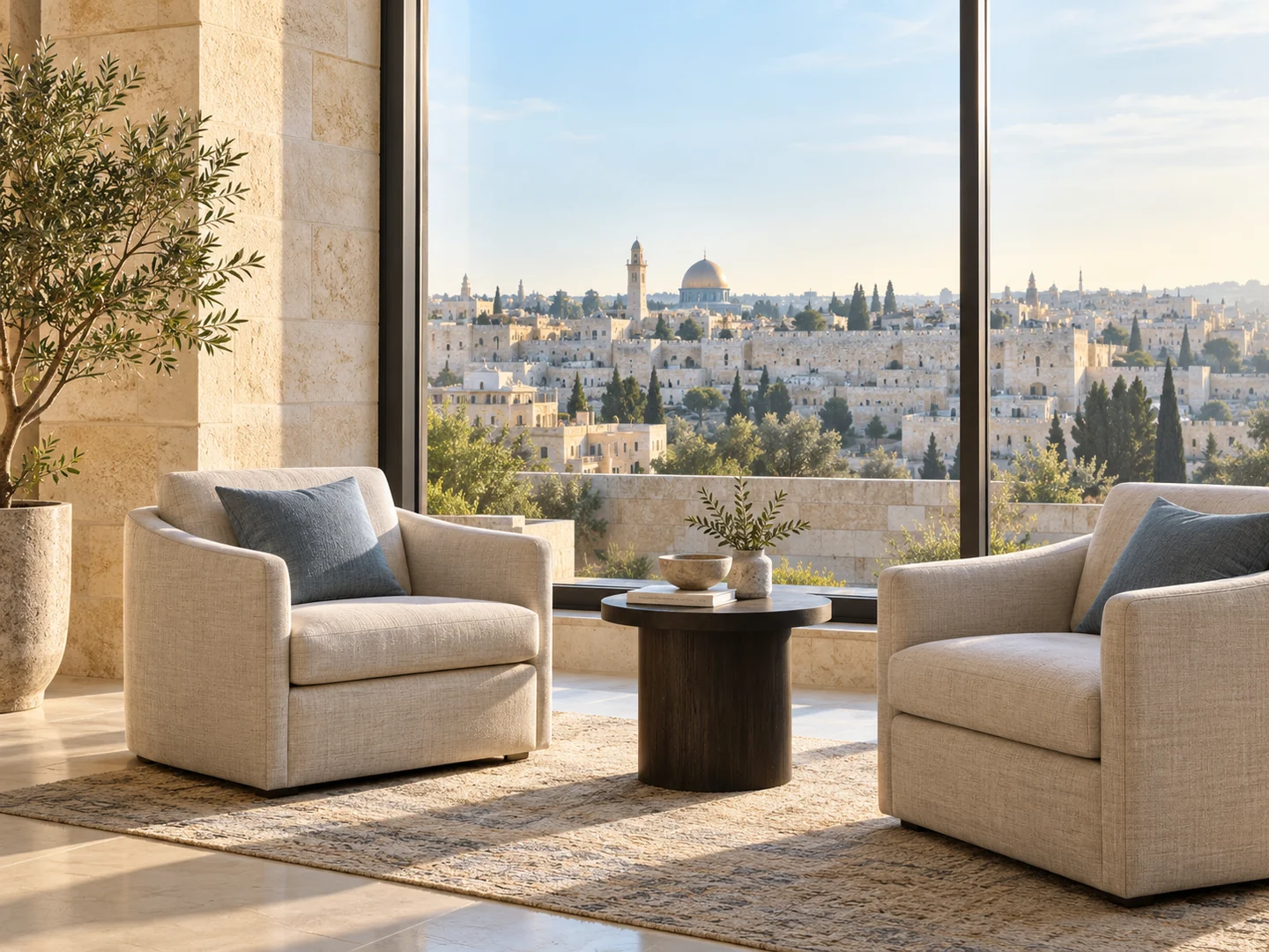 חלל ישיבה מואר בגוונים בהירים מול נוף ירושלמי — תמונת אווירה להמחשה